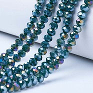 Electroplate Glass Beads Strands, Opaque Solid Color, AB Color Plated, Faceted, Rondelle, Teal, 4x3mm, Hole: 0.4mm, about 130pcs/strand, 16.54 inch(42cm)(X-EGLA-A034-P4mm-B10)