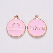 Alloy Enamel Pendants, Cadmium Free & Lead Free, Flat Round with Constellation, Light Gold, Pink, Libra, 15x12x2mm, Hole: 1.5mm(X-ENAM-S124-01B-09K)