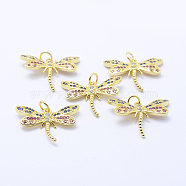 Brass Micro Pave Cubic Zirconia Pendants, Dragonfly, Lead Free & Nickel Free & Cadmium Free, Colorful, Golden, 16.5x22x3mm, Hole: 3mm(KK-P133-02G-NR)