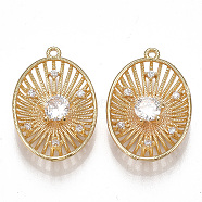 Brass Filigree Pendants, Nickel Free, Real 18K Gold Plated, with Cubic Zirconia, Oval, Clear, 23~24x16x4mm, Hole: 1.2mm(KK-T038-348G)