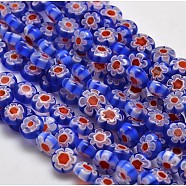 Handmade Millefiori Glass Flat Round Bead Strands, Single Flower Design, Royal Blue, 8x4mm, Hole: 1mm, about 53pcs/strand, 14.7 inch(X-LK-P011-12)