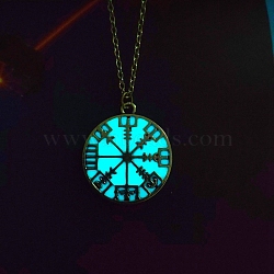 Luminous Glow in the Dark Alloy Viking Compass Pendant Cable Chain Nekclaces, Platinum, Turquoise, 23.62 inch(60cm)(PW-WG9C52A-03)