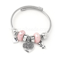 European Style Stainless Steel & Alloy Charm Bangles for Women, with Plastic Beads, Heart with Tree, Pink, Inner Diameter: 2-1/8 inch(5.5cm)(PW-WG243C0-02)