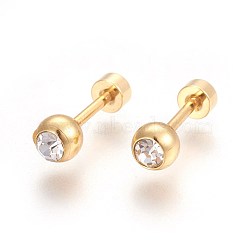 304 Stainless Steel Earlobe Plugs, Screw Back Earrings, with Rhinestone, Flat Round, Crystal, Golden, 13mm, Flat Round: 5.8mm, Pin: 1mm(STAS-I113-25G)