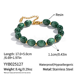 11MM Resin Oval Beaded Bracelets, with Stainless Steel Findings, Golden, Green, 6-3/4 inch(17cm)(PI5034-3)