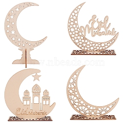 Eid Mubarak Wooden Ornaments, Ramadan Wood Tabletop Decoration, Moon with Word & Star, Blanched Almond, 4set/bag(WOOD-GF0001-07)