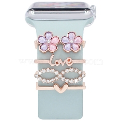 Word Love & Heart Alloy Rhinestones Watch Band Charms Set, Watch Band Studs, Decorative Ring Loops, Rose Gold, Inner Diameter: 2.2x0.35cm, 4pcs/set(PW-WG62408-01)