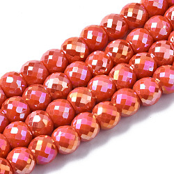 Electroplate Glass Beads Strands, AB Color Plated, Faceted, Round, Orange Red, 8x6mm, Hole: 1.2mm, about 80pcs/strand, 18.66~19.76 inch(47.4cm~50.2cm)(EGLA-Q125-003-A02)