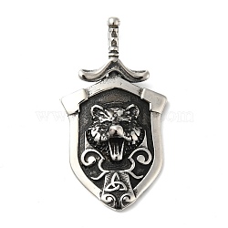 304 Stainless Steel Manual Polishing Big Pendants, Shield with Wolf & Triple Horn, Antique Silver, 51x28.5x6mm, Hole: 5x11mm(STAS-G274-14AS)