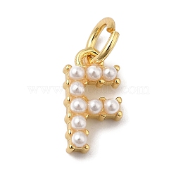 Rack Plating Brass with ABS Plastic Imitation Pearl Charms, Long-Lasting Plated, Lead Free & Cadmium Free, Real 18K Gold Plated, Letter F, 10.5x5.5x2.5mm, Hole: 3mm(KK-B092-30F-G)