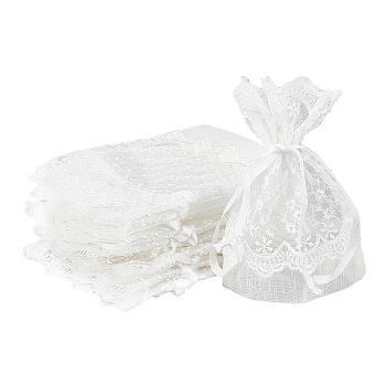 PandaHall Elite Organza Gift Bags with Lace, Rectangle with Flower Pattern, Creamy White, 14~15x10~11cm