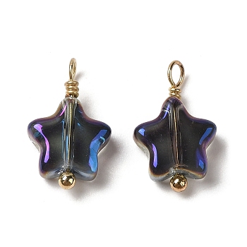 Electroplate Glass Charms, with Real 18K Gold Plated Brass Loop, Star Charm, Prussian Blue, 14x8.5x3.5mm, Hole: 2mm