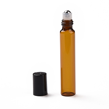 Glass Essential Oil Empty Perfume Bottle, with Roller Ball and Plastic Caps, Sienna, 1.6x9.15cm, 10ml(0.34 fl. oz)/bottle