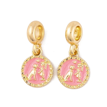 Rack Plating Alloy Pink Enamel European Dangle Charms, Flat Round with Dog & Girl Large Hole Pendants, Golden, 24.5mm, Flat Round: 14.5x11.5x2mm, Hole: 4.5mm
