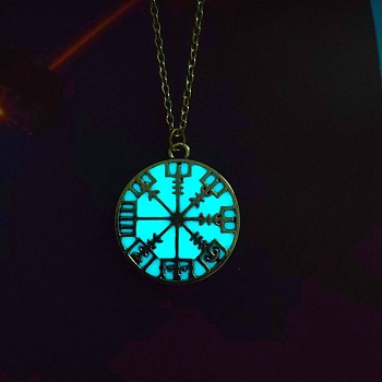 Luminous Glow in the Dark Alloy Viking Compass Pendant Cable Chain Nekclaces, Platinum, Turquoise, 23.62 inch(60cm)