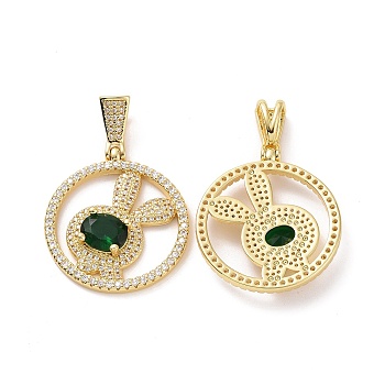 Brass Micro Pave Cubic Zirconia Pendants, Round Ring with Rabbit Charms, Golden, Green, 33.5x30x5mm, Hole: 4x8mm