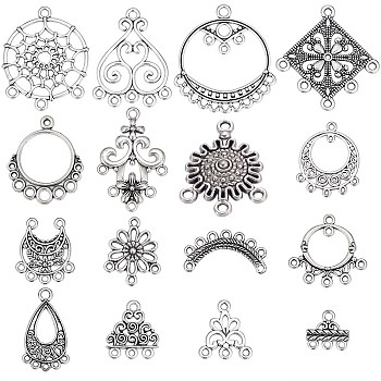 64Pcs 16 Style Tibetan Style Alloy Chandelier Component Links, Mixed Shapes, Antique Silver, 14~35x13.3~33.5x1~2.5mm, Hole: 1.5~3mm, 4pcs/style