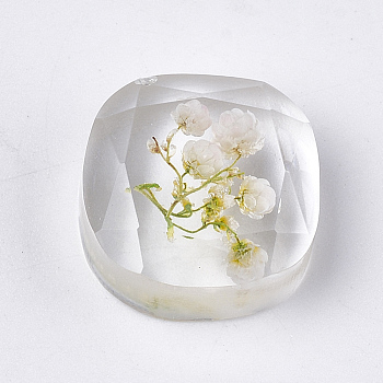 Resin Cabochons, with Dried Flower inside, Faceted, Square, White, 16x16x7mm