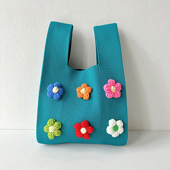 Polyester 3D Flower Knitted Tote Bags, Cartoon Crochet Handbags for Women, Dark Turquoise, 34x21cm