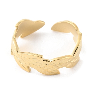 304 Stainless Steel Leaf Open Cuff Rings, Real 14K Gold Plated, Inner Diameter: 17mm