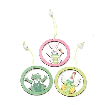Easter Theme Wood Big Pendant Decorations, with Hemp Rope & Bead, Ring with Bunny & Chick & Frog , Mixed Color, 155mm, 9pcs/box, Box: about 240x89.5x15mm