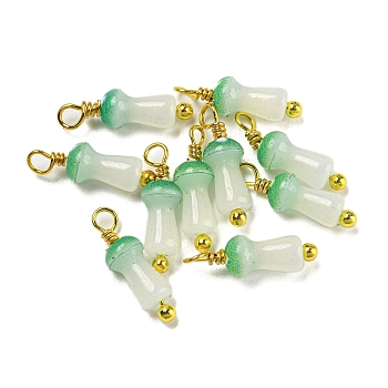 Mushroom Glass Charms, with Real 18K Gold Plated Brass Findings, Lime Green, 14~14.5x4~4.5mm, Hole: 1.6mm