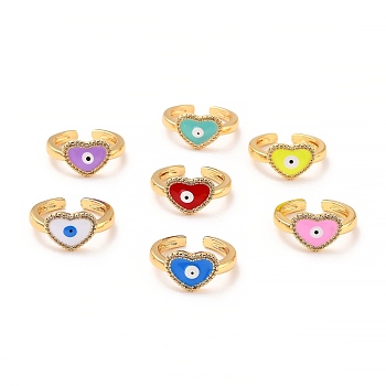 Heart with Evil Eye Cubic Zirconia Cuff Ring for Women, Real 18K Gold Plated Brass Enamel Open Ring, Cadmium Free & Lead Free, Mixed Color, US Size 7 3/4(17.9mm)