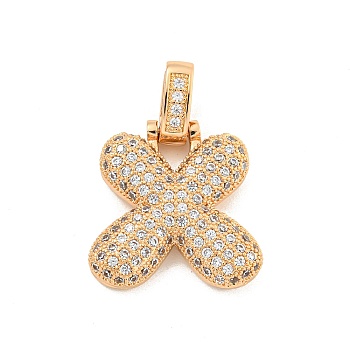 Brass Micro Pave Clear Cubic Zirconia Pendants, Real 18K Gold Plated, Letter X, 31x22x5mm, Hole: 3x6mm