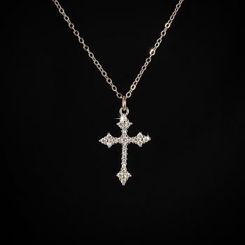 Cubic Zirconia Cross Pendant Necklace, with Brass Cable Chains, Golden, 17.72 inch(45cm)