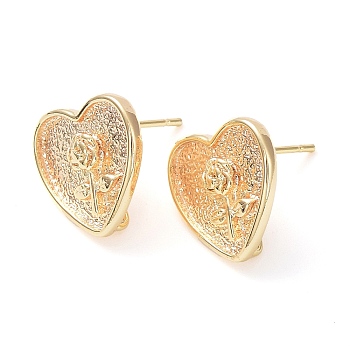 Brass Stud Earring Finding, with Vertical Loop, Heart with Rose, Real 18K Gold Plated, 12.5x13mm, Hole: 1mm, Pin: 0.7mm