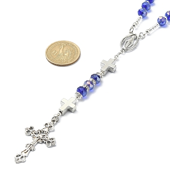 Glass Rosary Bead Necklaces, Alloy Virgin Mary with Cross Pendant Necklace for Women, Antique Silver, 25.59 inch(65cm)