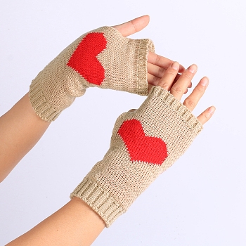 Polyacrylonitrile Fiber Yarn Knitting Fingerless Gloves, Two Tone Winter Warm Gloves with Thumb Hole, Heart Pattern, PapayaWhip & Red, 190x70mm