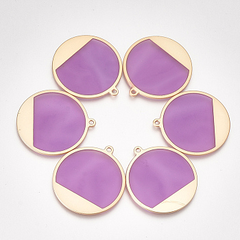 Epoxy Resin Pendants, with Alloy Findings, Flat Round, Matte Gold Color, Dark Orchid, 33x30.5x1.5mm, Hole: 1.6mm