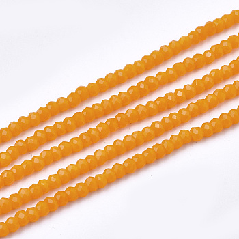 Opaque Solid Color Glass Beads Strands, Faceted, Rondelle, Orange, 2~2.5x1~1.5mm, Hole: 0.5mm, about 165~170pcs/strand, 11.81 inch~12.20 inch(30~31cm)