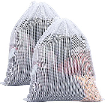 2Pcs Polyester Drawstring Clothing Storage Bags, Mesh Laundry Bags, Rectangle, White, 620x490x1mm