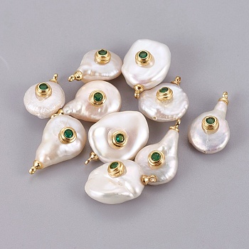 Natural Cultured Freshwater Pearl Pendants, with Brass Micro Pave Cubic Zirconia Cabochons, Long-Lasting Plated, Real 18K Gold Plated, Dark Green, 16~22.5x10~14mm, Hole: 1.4mm
