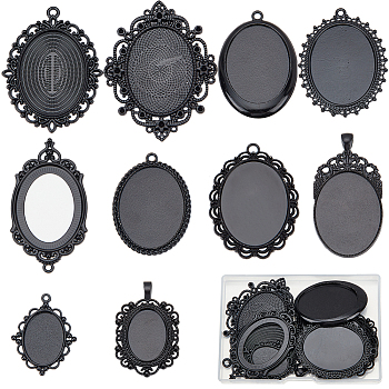 10Pcs 10 Styles Oval Alloy Pendants Cabochon Settings, Black, 39~65.5x30~52x2~12mm, Hole: 2~7mm, 1pc/style