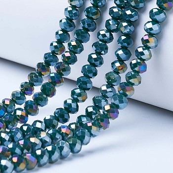 Electroplate Glass Beads Strands, Opaque Solid Color, AB Color Plated, Faceted, Rondelle, Teal, 4x3mm, Hole: 0.4mm, about 130pcs/strand, 16.54 inch(42cm)