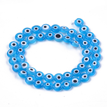 Handmade Evil Eye Lampwork Beads Strands, Flat Round, Deep Sky Blue, 7.5x3mm, Hole: 1mm, about 48pcs/strand, 13.7 inch~14.9 inch