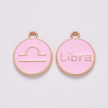 Alloy Enamel Pendants, Cadmium Free & Lead Free, Flat Round with Constellation, Light Gold, Pink, Libra, 15x12x2mm, Hole: 1.5mm