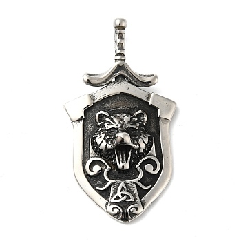 304 Stainless Steel Manual Polishing Big Pendants, Shield with Wolf & Triple Horn, Antique Silver, 51x28.5x6mm, Hole: 5x11mm