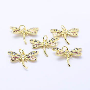 Brass Micro Pave Cubic Zirconia Pendants, Dragonfly, Lead Free & Nickel Free & Cadmium Free, Colorful, Golden, 16.5x22x3mm, Hole: 3mm