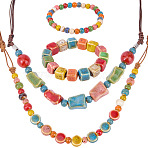 2Pcs Handmade Porcelain Beads Stretch Bracelets for Women, with 2Pcs Necklaces, Colorful, Beads: 7x5.5mm, Inner Diameter: 2-1/4 inch(5.6cm)(SJEW-BM0001-02)