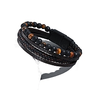 Imitation Leather Multi-strand Bracelets, with Natural Obsidian & Tiger Eye Beads, 7-5/8 inch(19.5cm)(PW-WGF301E-03)