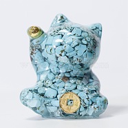 Synthetic Turquoise Chip & Resin Craft Display Decorations, Lucky Cat Figurine, for Home Feng Shui Ornament, 63x55x45mm(DJEW-PW0021-29G-20)