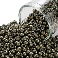 8/0 Glass Seed Beads, Metallic Colours Style, Round, Dark Olive Green, 8/0, 3mm, Hole: 1mm, about 10000pcs/pound(SEED-A017-3mm-1124)