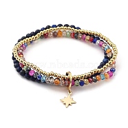 Stretch Bracelets, with Natural Lapis Lazuli(Dyed) Beads, Glass Beads, Brass Beads & Star Pendant, Golden, Inner Diameter: 5.5cm(2-1/8 inch)(BJEW-JB05375-03)