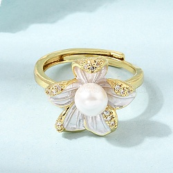 Adjustable Brass Micro Pave Cubic Zirconia Enamel Finger Rings, Flower, with ABS Plastic Pearl, Cadmium Free & Lead Free, Rack Plating, Long-Lasting Plated, Golden, US Size 7 1/4(17.5mm), Flower: 16x16.5mm(CU-CBABA66-01A-G)