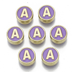 Alloy Enamel Beads, Cadmium Free & Nickel Free & Lead Free, Flat Round with Initial Letters, Light Gold, Letter.A, 8x4mm, Hole: 1.5mm(ENAM-S122-028A-NR)