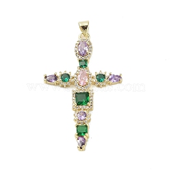 Real 18K Gold Plated Brass Micro Pave Cubic Zirconia Pendants, with Glass, Cross, Colorful, 48x29x4.5mm, Hole: 3.3x4.4mm(KK-A209-07E-G)